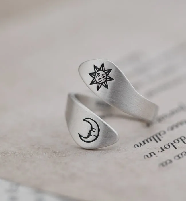 925 Sterling Silver Vintage Simple Open Ring Artistic Sun and Moon Cross-border Silver Jewelry Women's Ring