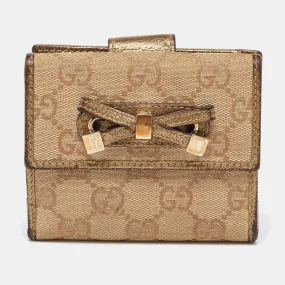 Beige/Gold GG Canvas and Leather Compact Wallet