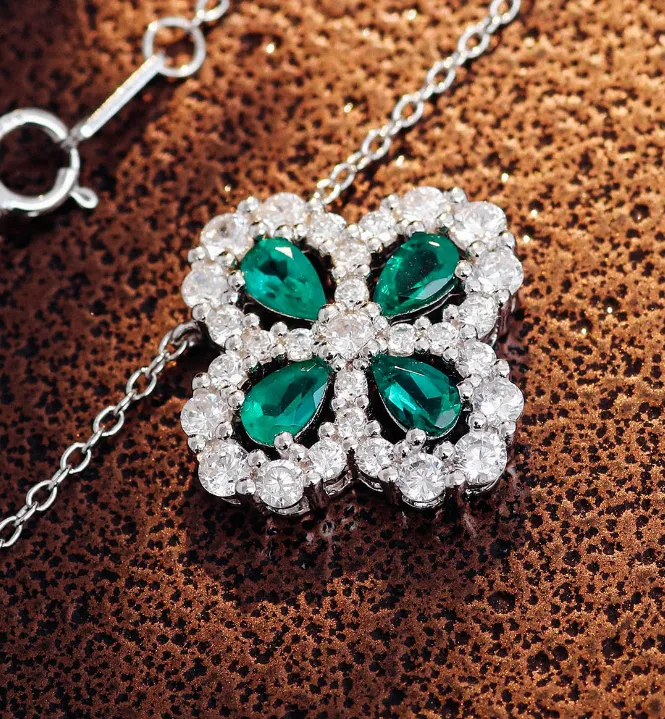 Clover Necklace, Sterling Silver Emerald Necklace, Birthday Gift, 1202