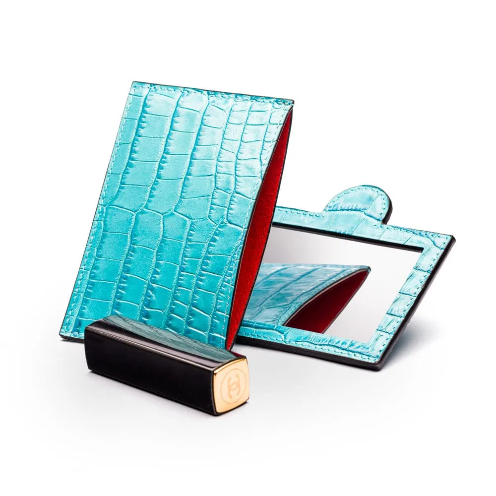 Compact Leather Mirror - Turquoise Croc