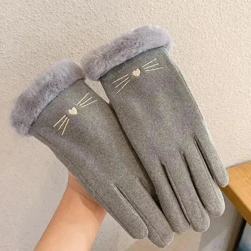 Fleece Lined Padded Warm Keeping Cute Suede Riding Gloves