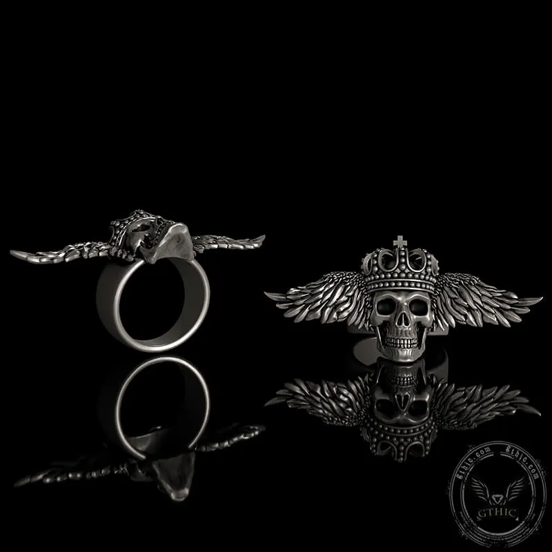 Flying Skull Sterling Silver Biker Ring