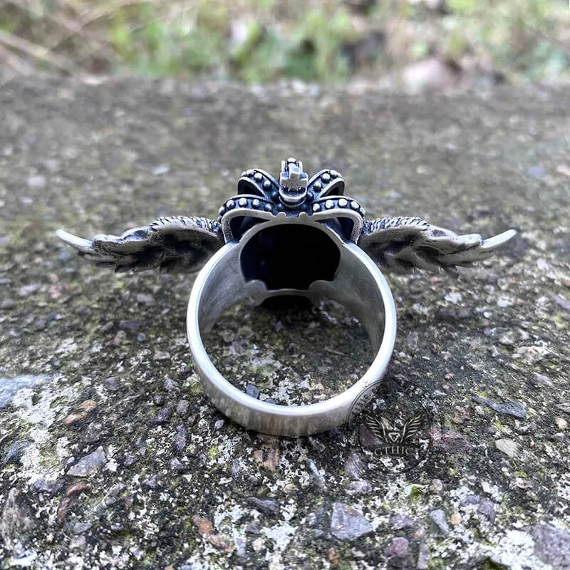 Flying Skull Sterling Silver Biker Ring