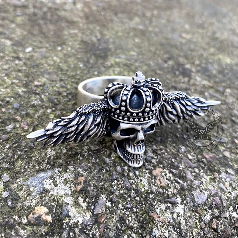 Flying Skull Sterling Silver Biker Ring