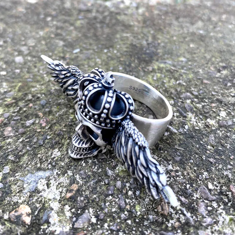 Flying Skull Sterling Silver Biker Ring