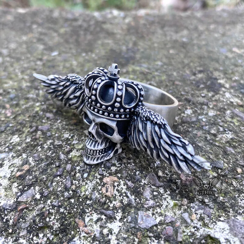 Flying Skull Sterling Silver Biker Ring