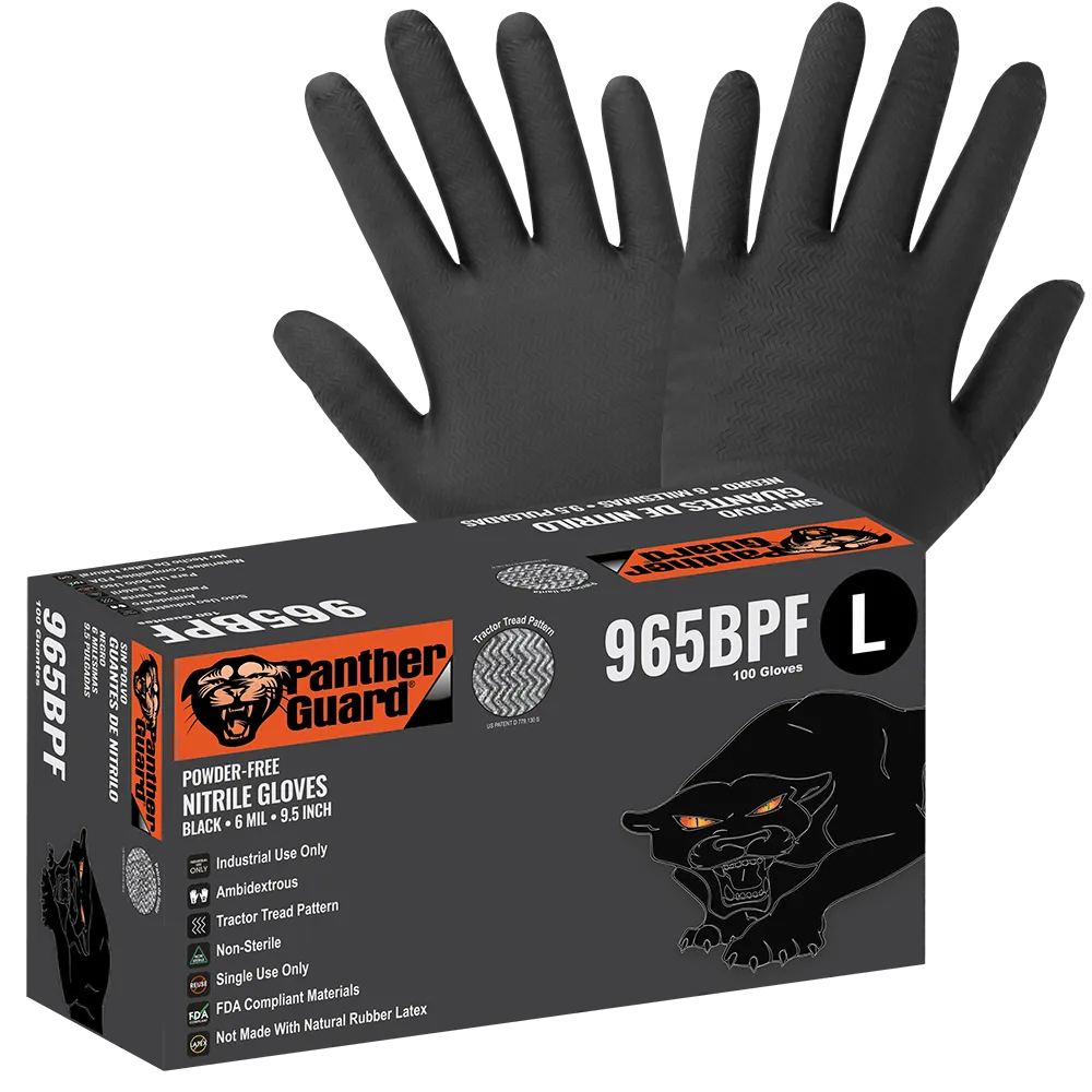 Global Glove & Safety 965BPF Panther Guard® Heavyweight Nitrile, Powder Free, Industrial Grade, Black, 6 Mil, Tractor Tread Pattern, 9.5 Inch (case of 1,000)