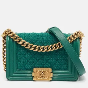 Green Quilted Wool and Leather Mini Boy Flap Bag