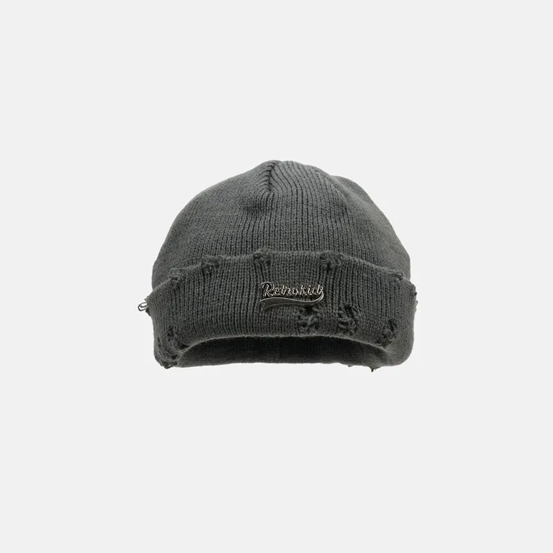 Hole Metal Letter Patch Knitted Wool Hat