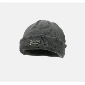 Hole Metal Letter Patch Knitted Wool Hat