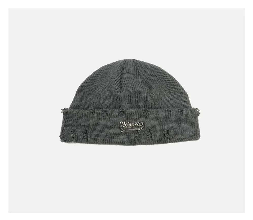 Hole Metal Letter Patch Knitted Wool Hat