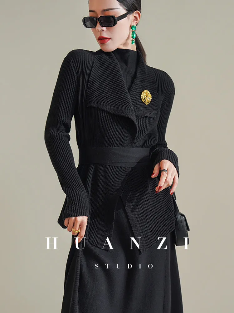 Huanzi French elegant fashionable knitted minimalist waist dress cardigan- Melissa