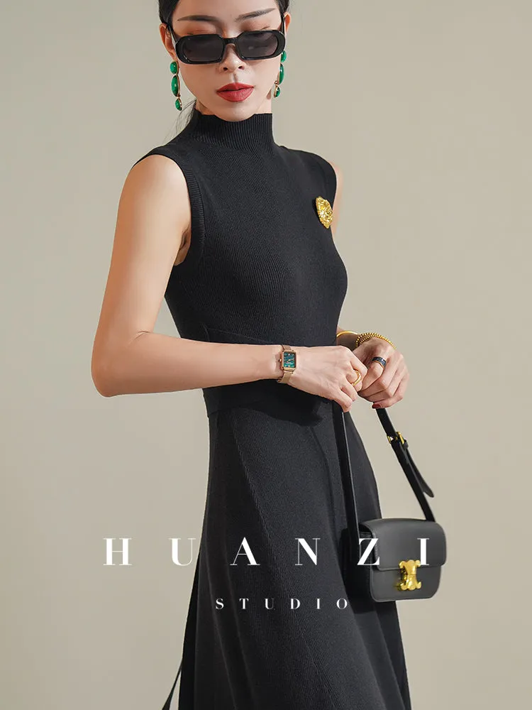 Huanzi French elegant fashionable knitted minimalist waist dress cardigan- Melissa