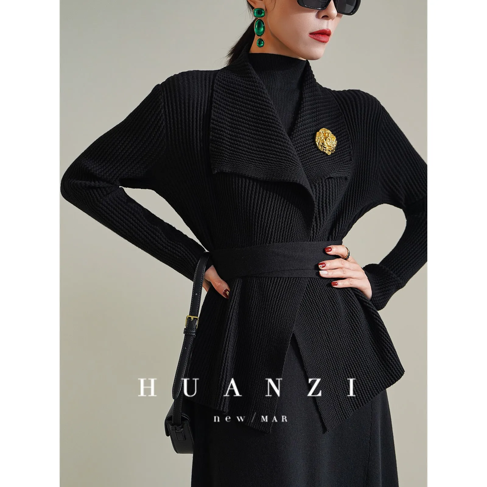 Huanzi French elegant fashionable knitted minimalist waist dress cardigan- Melissa