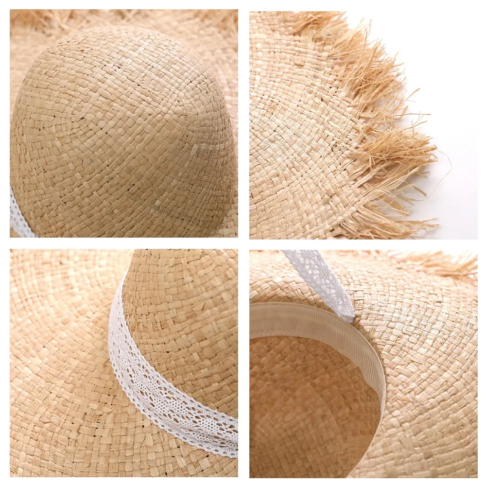 Lace Strap Straw Hat Bow Wide Grass Female Summer Cap Beach Visor Outdoor Holiday Sun Protection Collapsible