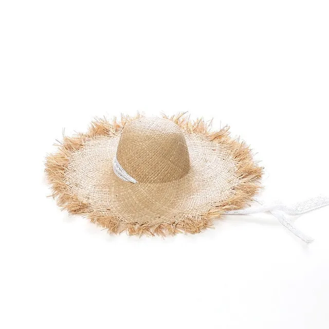 Lace Strap Straw Hat Bow Wide Grass Female Summer Cap Beach Visor Outdoor Holiday Sun Protection Collapsible