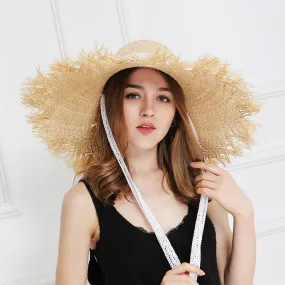 Lace Strap Straw Hat Bow Wide Grass Female Summer Cap Beach Visor Outdoor Holiday Sun Protection Collapsible