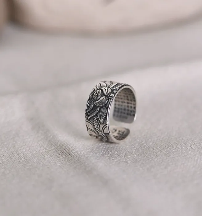 Lotus Sutra Silver Ring - Vintage Adjustable Floral Design 0021