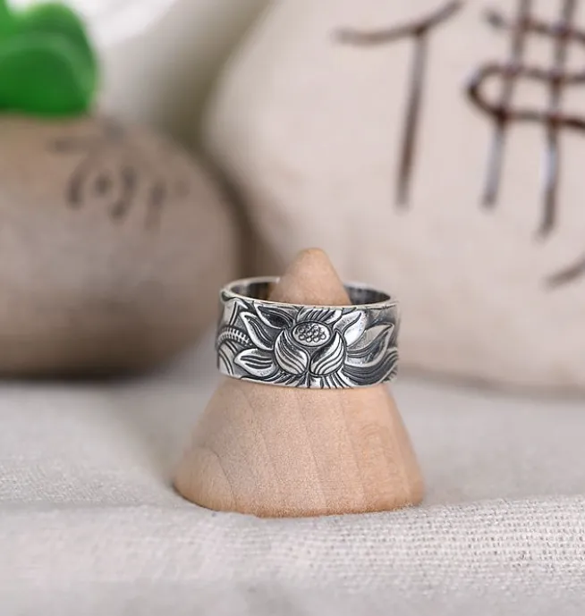 Lotus Sutra Silver Ring - Vintage Adjustable Floral Design 0021