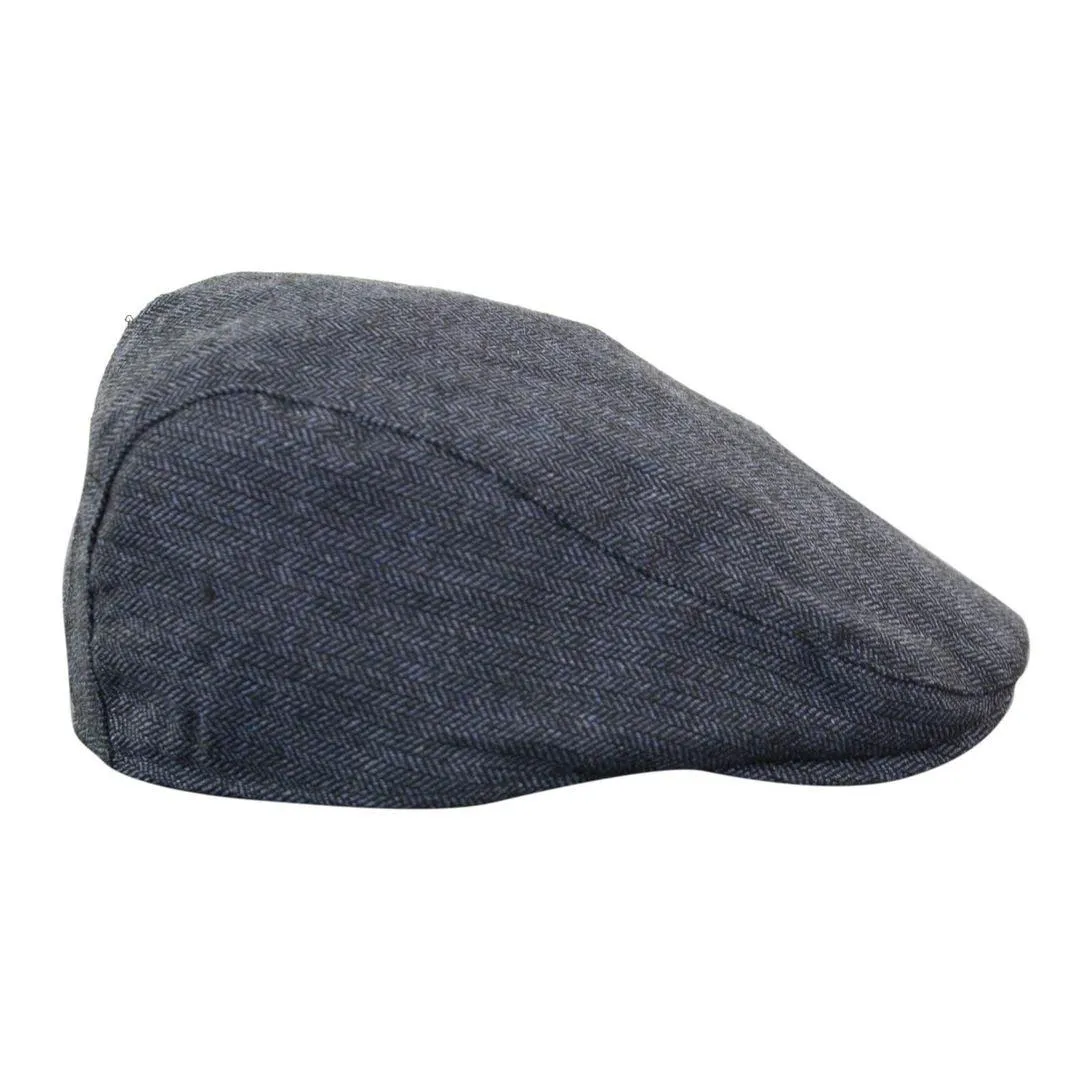 Mens Herringbone Tweed Wool Check Grandad Flat Caps Hats Vintage Green Grey Blue Brown