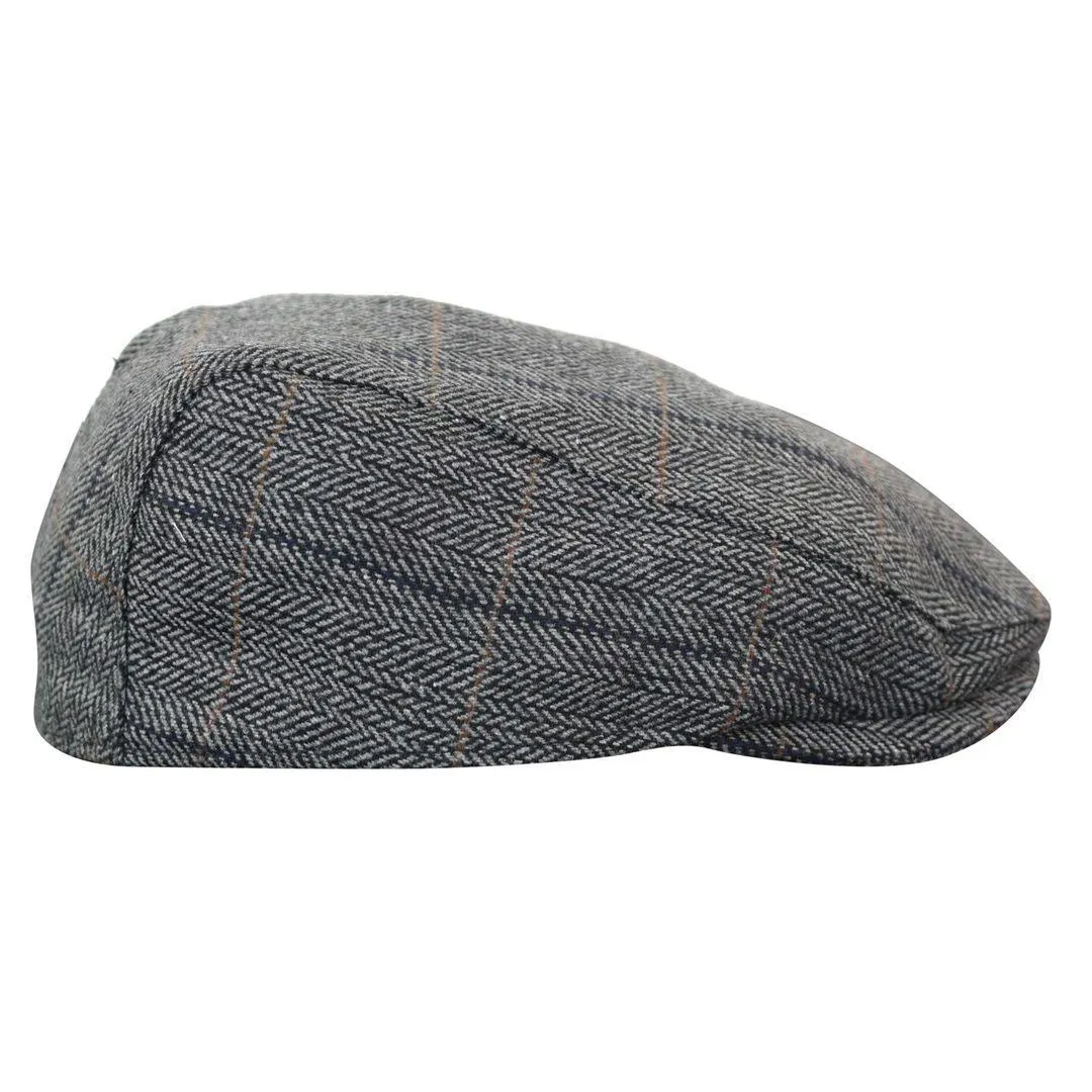 Mens Herringbone Tweed Wool Check Grandad Flat Caps Hats Vintage Green Grey Blue Brown