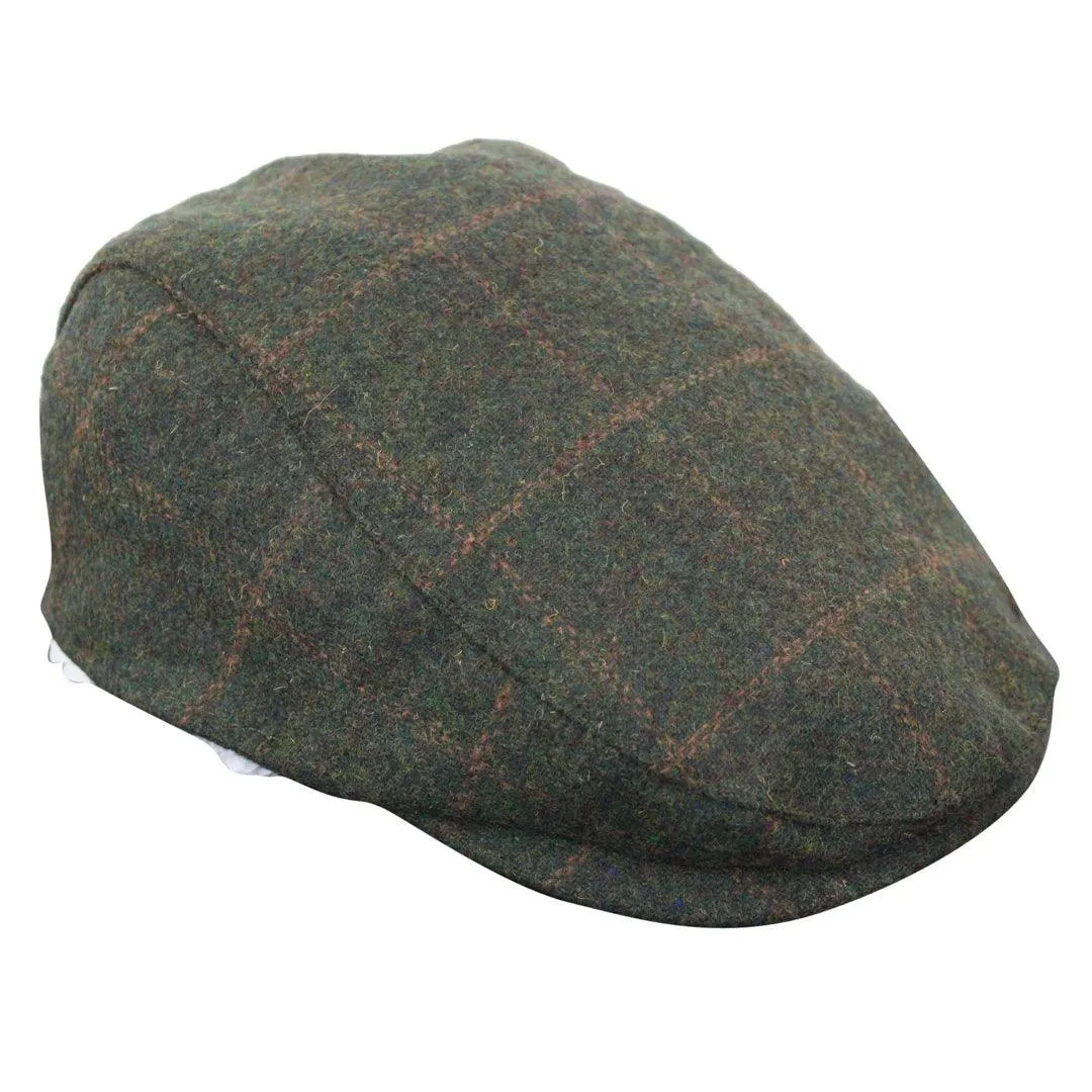 Mens Herringbone Tweed Wool Check Grandad Flat Caps Hats Vintage Green Grey Blue Brown