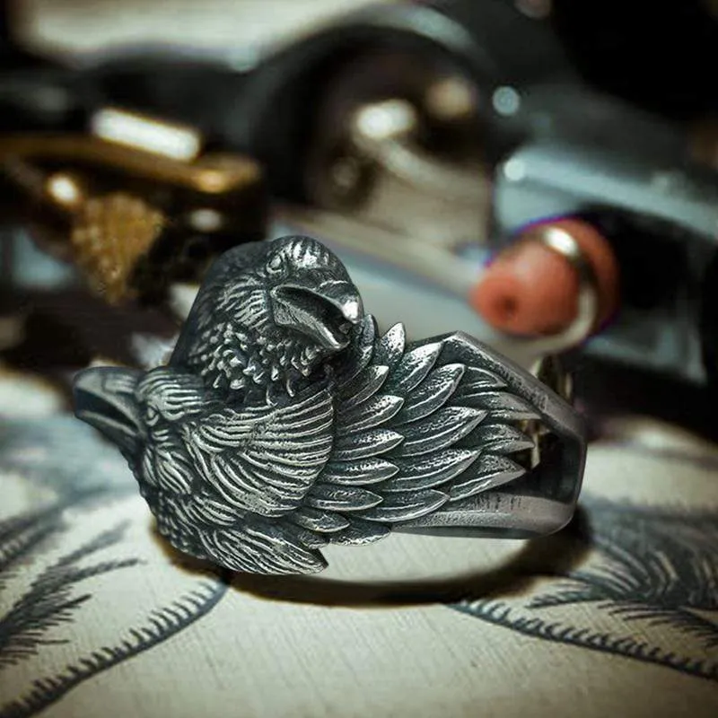 Odin Ravens Huginn and Munin Sterling Silver Viking Ring