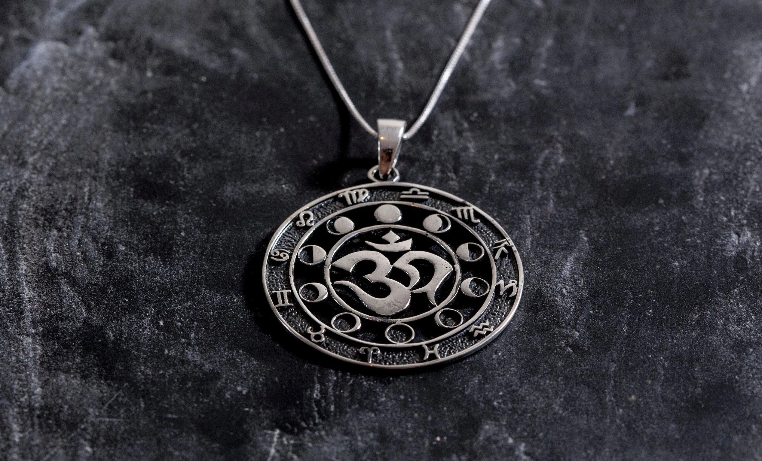 Round Om Pendant - Silver Round Necklace - Silver Statement Necklace