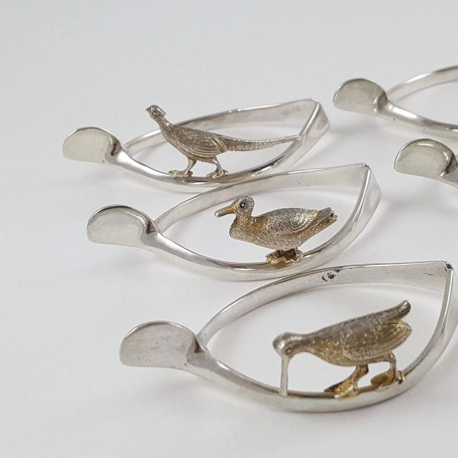 Set of 6 Silver Wishbone and Game Bird Napkin Rings