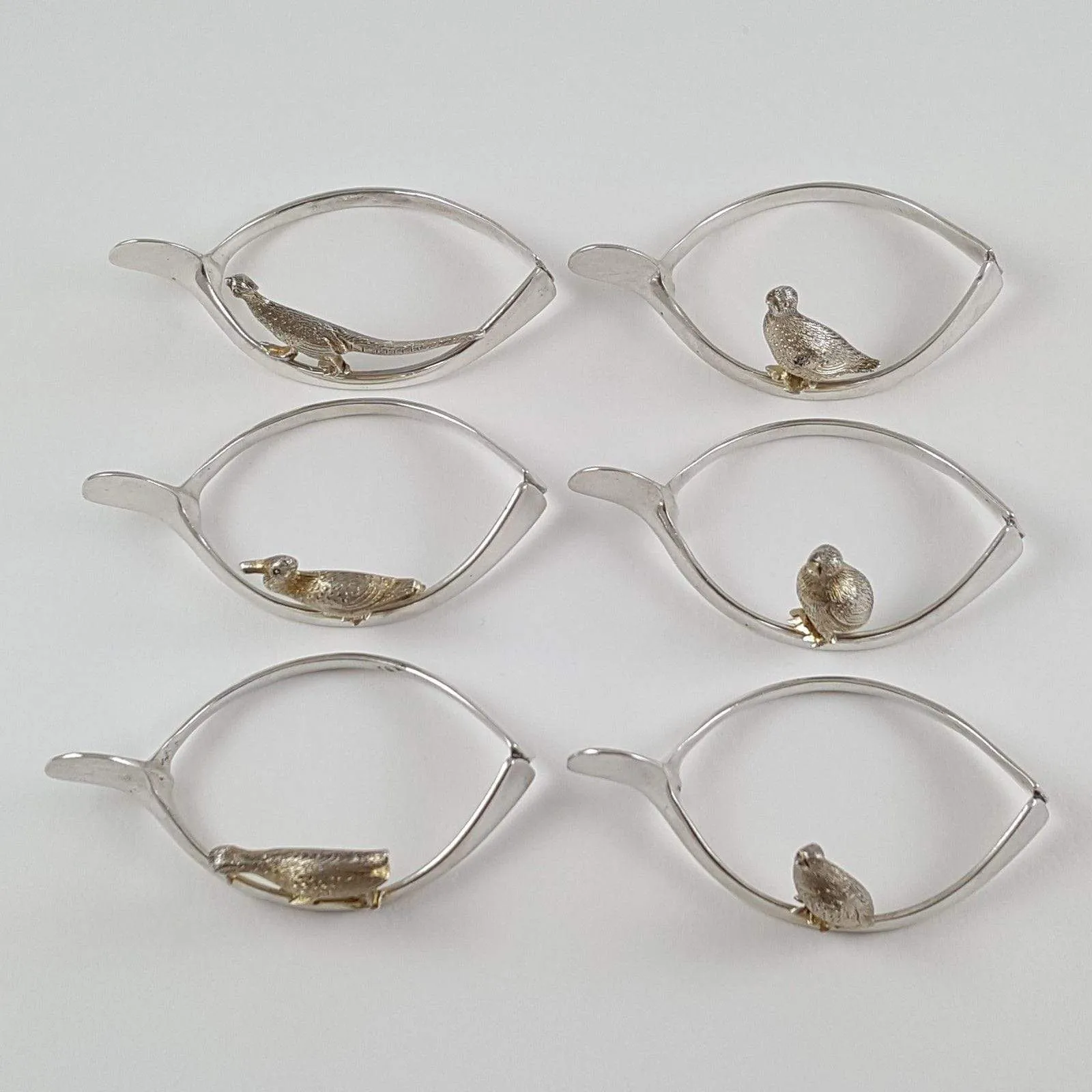 Set of 6 Silver Wishbone and Game Bird Napkin Rings