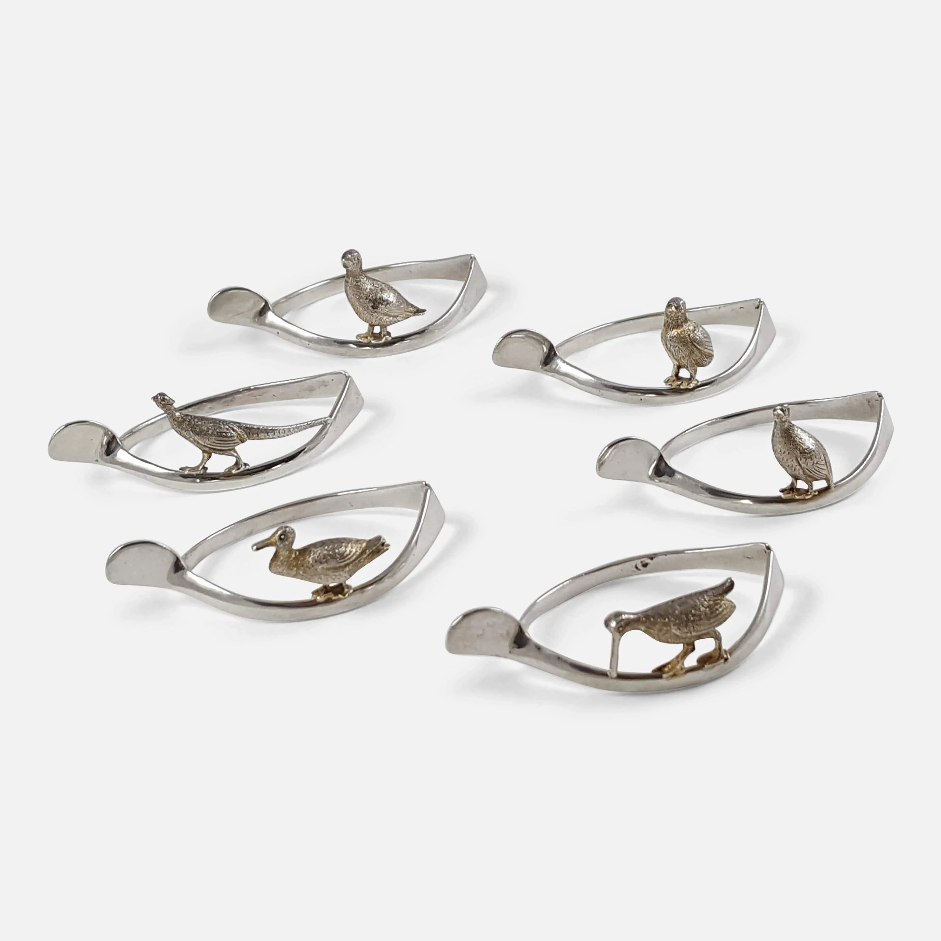 Set of 6 Silver Wishbone and Game Bird Napkin Rings