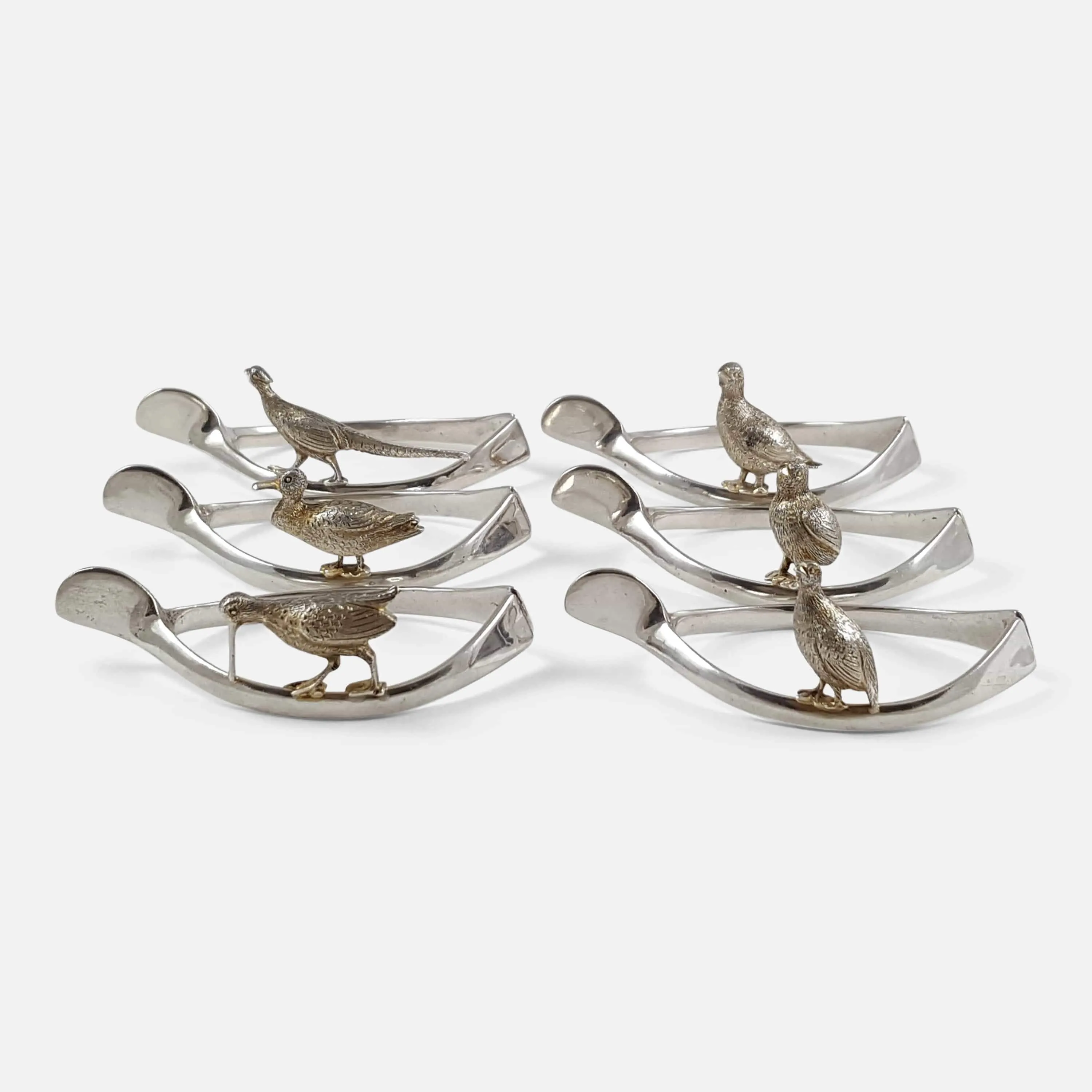 Set of 6 Silver Wishbone and Game Bird Napkin Rings