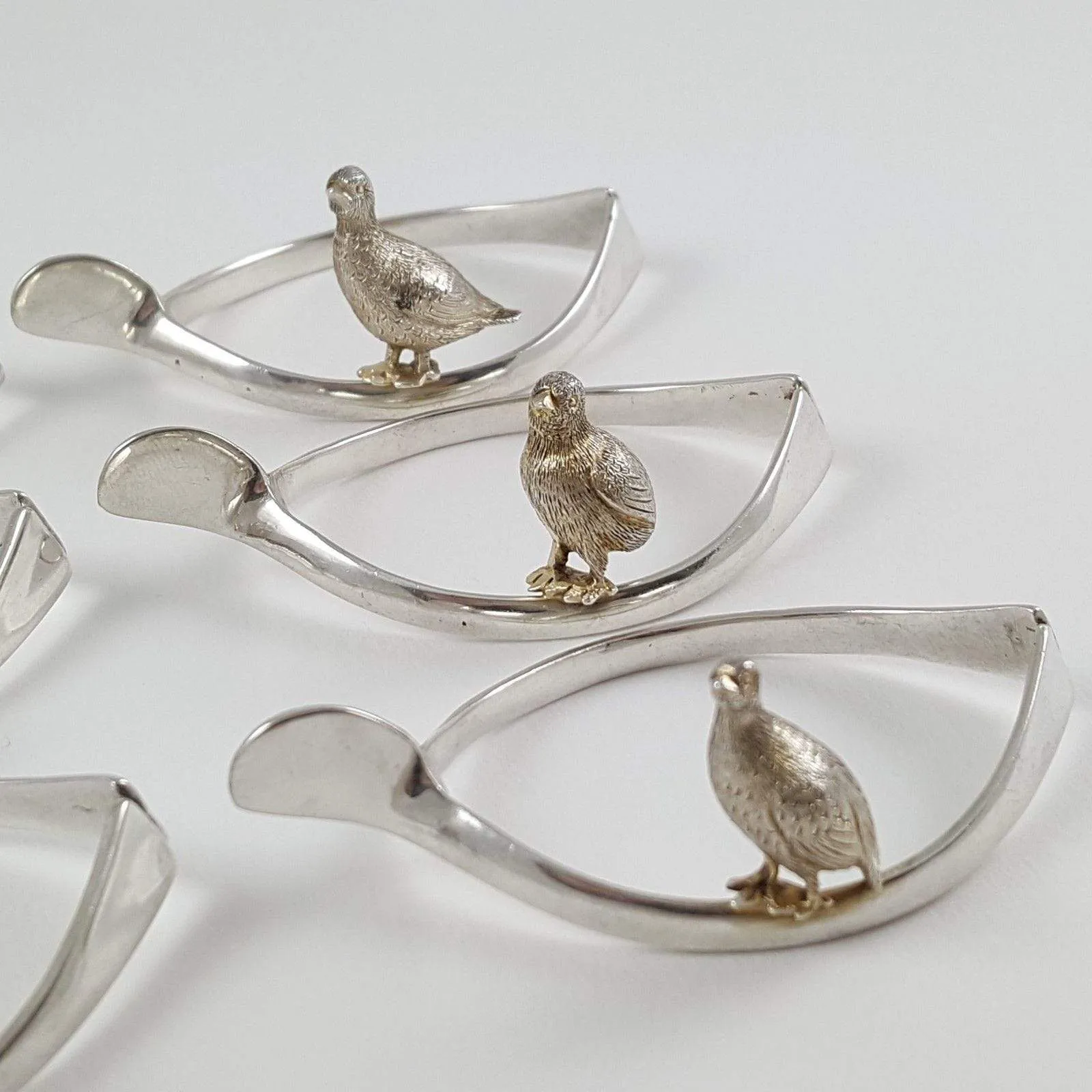 Set of 6 Silver Wishbone and Game Bird Napkin Rings