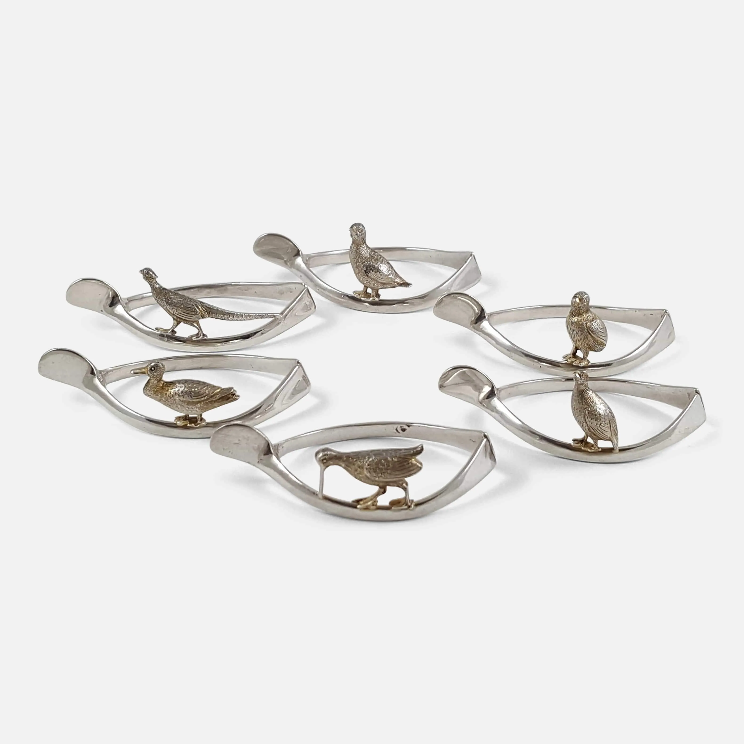 Set of 6 Silver Wishbone and Game Bird Napkin Rings