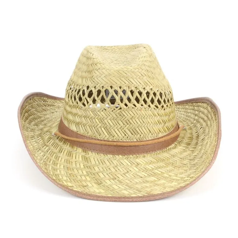 Straw cowboy hat with band and trim - Brown